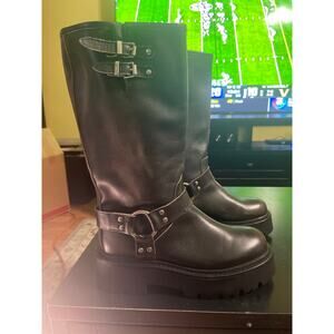 Steven Madden Raige Black Distressed Leather Knee-High Moto Boots. 8.5 M